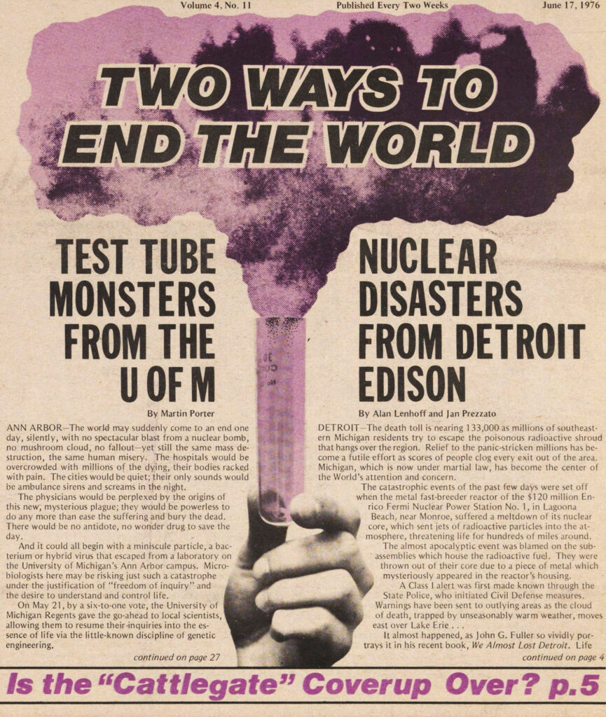 Newsprint magaine cover showing a purple mushroom cloud coming from a test tube