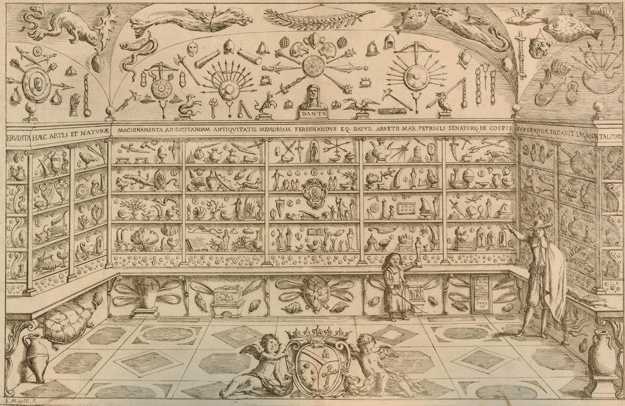 Engraving showing two men in a large room with an eclectic collection of natural and manmade objects