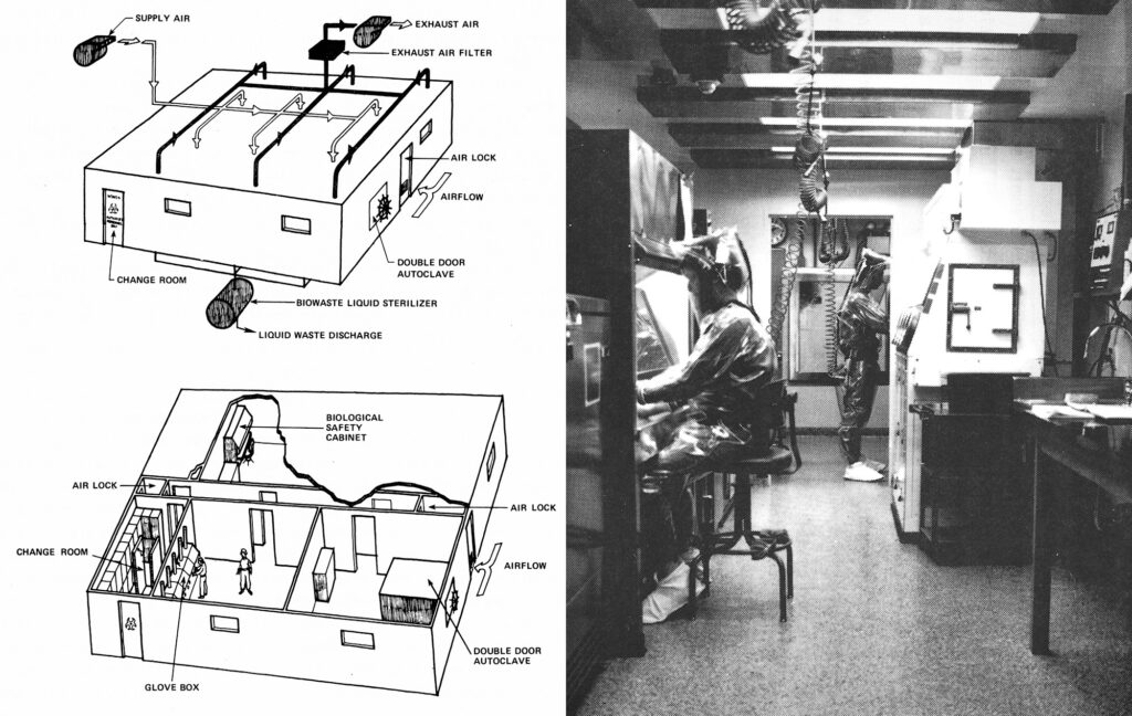 Two images: left image shows two schematics of a building’s systems; right image shows a lab interior with two people in full body suits