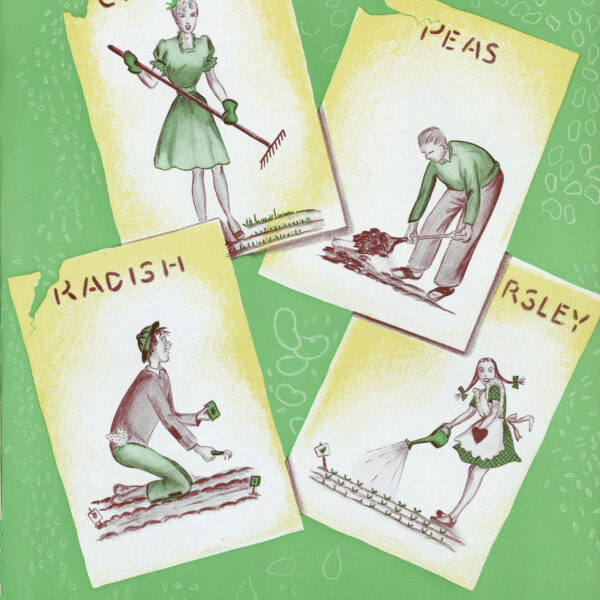 Illustration on bright green background with figures on cards representing vegetable farmers