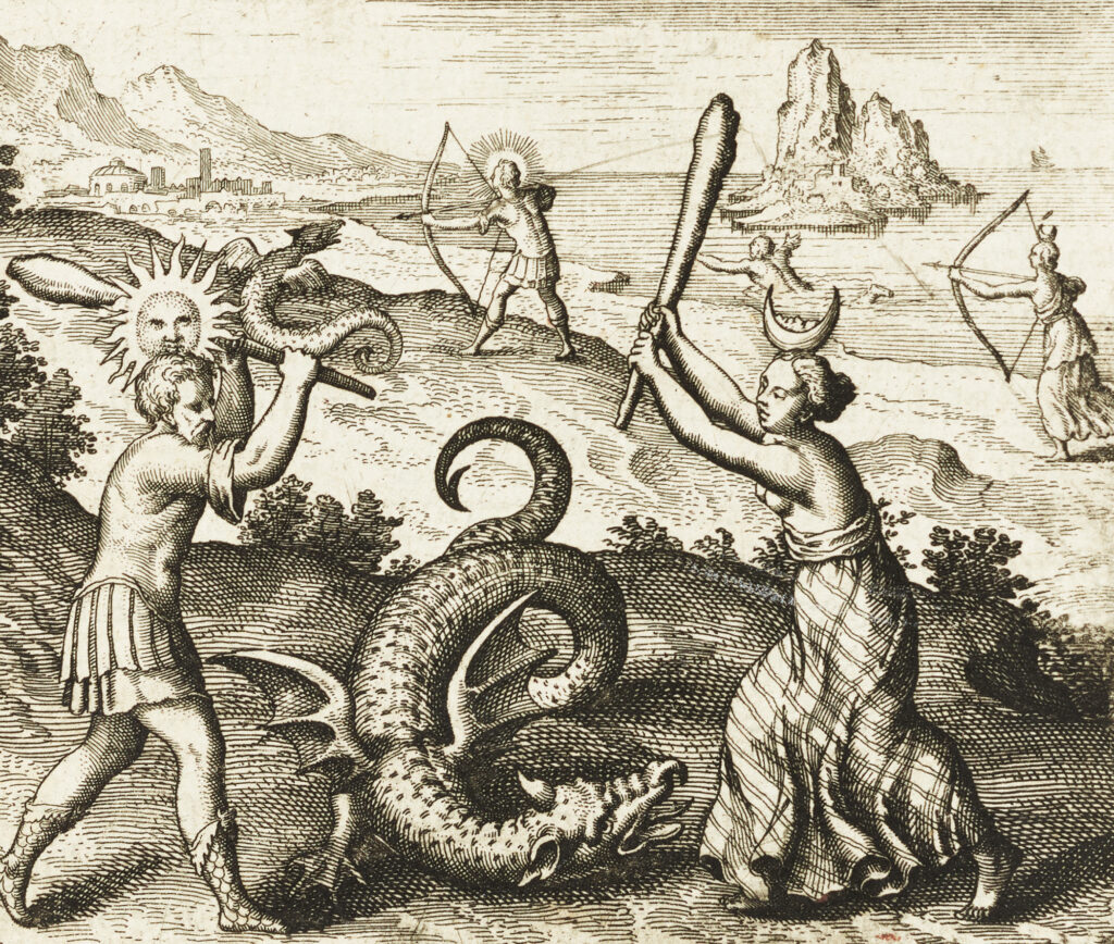 Engraving showing a man with a sun above his head and woman with a moon beating a dragon with clubs; in the back, a man and woman point bows and arrows at a dragon