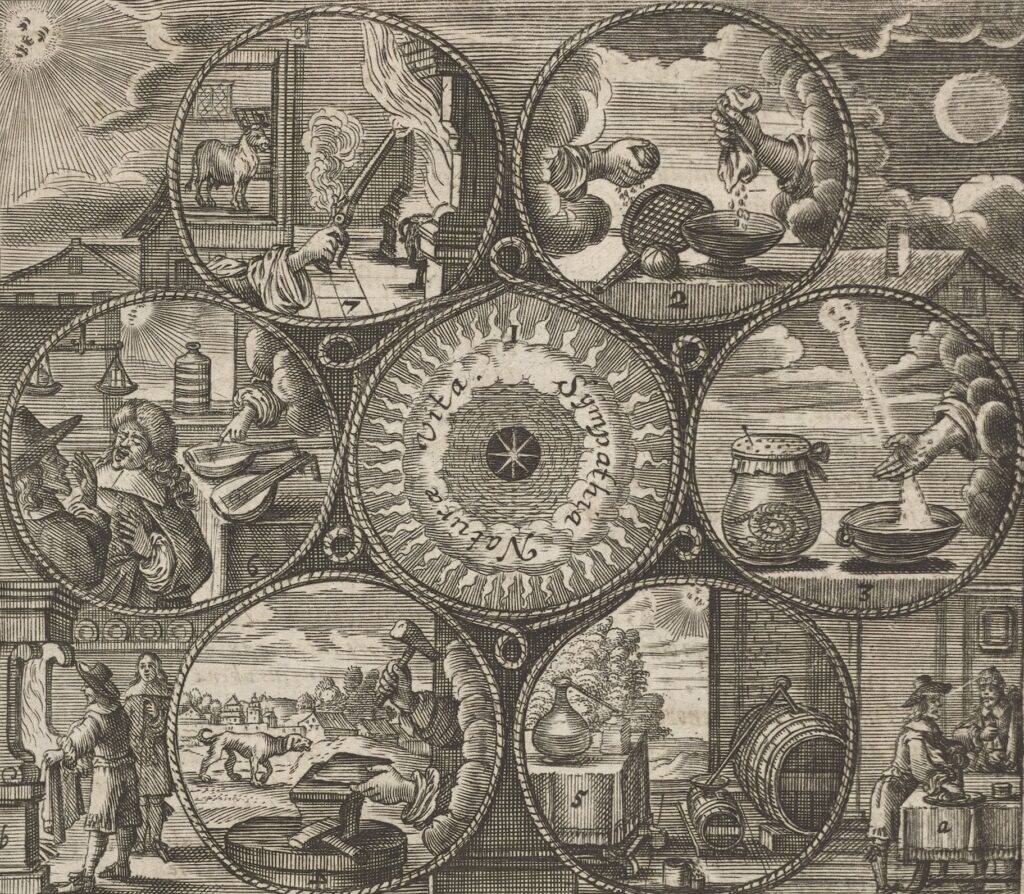 Early modern book engraving showing various of scenes of natural phenomena